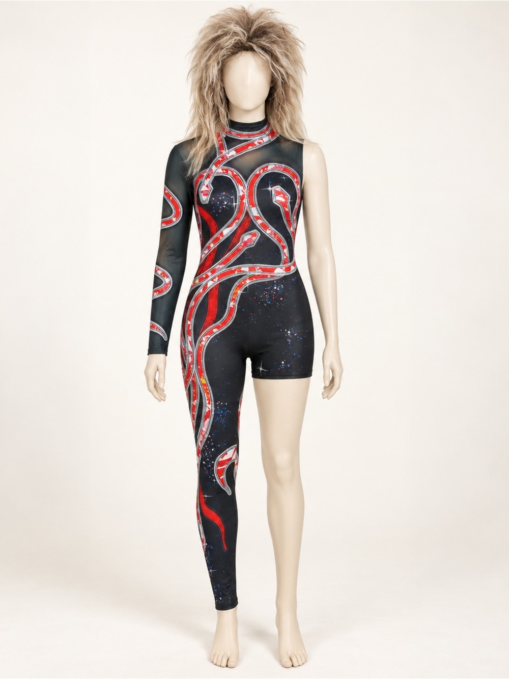 80s Rock Diva Asymmetrical Bodysuit Costume Wig Medium